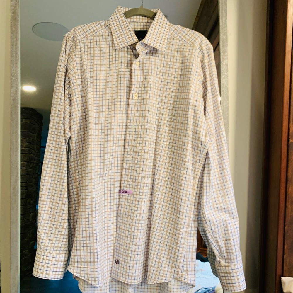 David Donahue Beige and Blue Checkered Shirt